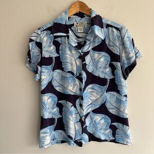 Avanti Vintage Blue and White Short Sleeve Silk Leaf Print  Button Down Shirt M